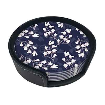 Image of Navy Blue Magnolia Flowers,Round Coasters, Mugs Pad, Cups Mat Set of 6 Leather Drinks Coasters with Holder