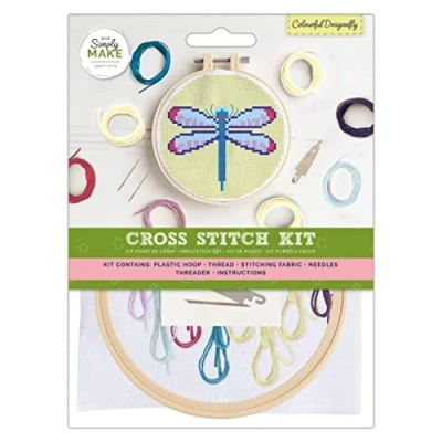 Image of Simply Make Adults Colourful Dragonfly Embroidery Craft Cross Stitch Kit, Makes A Perfect Present for Creativity and Hobby Enthusiast, Ideal Beginners First Starter Sets, Your Own DIY Crafts