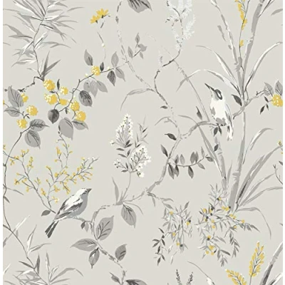 Image of Floral Birds Wallpaper Grey Yellow Metallic Flower Shimmer Fine Decor Mariko from Y�L