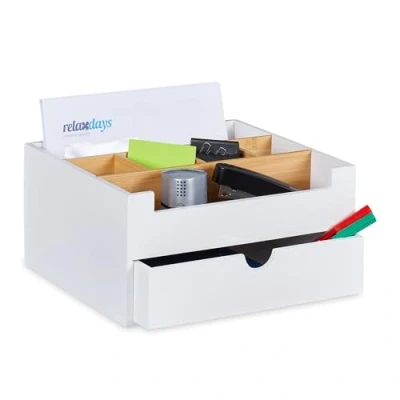 Image of Desk Organiser, 6 Compartments &amp; Drawer Shelf, Bamboo, HxWxD: 13x26x23.5 cm, Office White/Natural Relaxdays