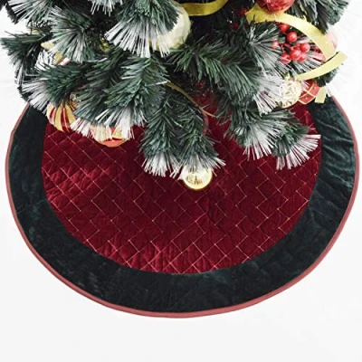 Image of Gireshome Burgundy Velvet Quilted Diamond Lattice Center,Green Border Christmas Tree Skirt 48inch