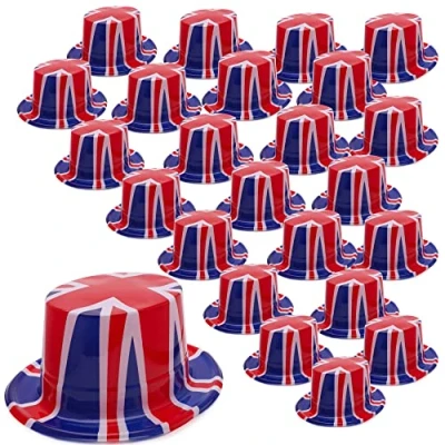 Image of Toyland® Pack of 24 Plastic Union Jack Top Hats One Size British Fancy Dress Celebrations