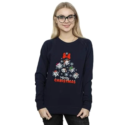 Image of Disney Women&#039;s Mickey Mouse and Friends Christmas Tree Sweatshirt Navy Blue Large