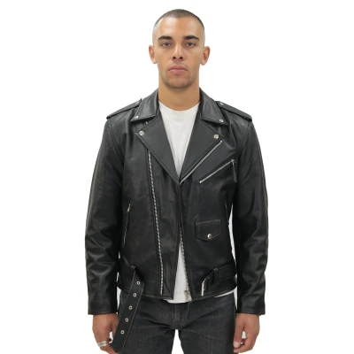 Image of Men&#039;s Leather Black Brando Biker Jacket Rock Motorcycle Retro Hide L