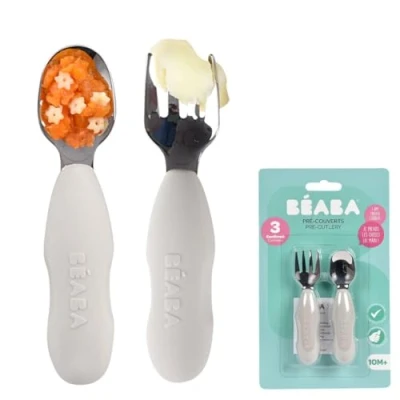 Image of BEABA, Set of 2 Stainless Steel and Silicone Cutlery Sets, Baby Cutlery, Children&#039;s from 10 Months, Ergonomic Shape, Handle, Learning Sage Green