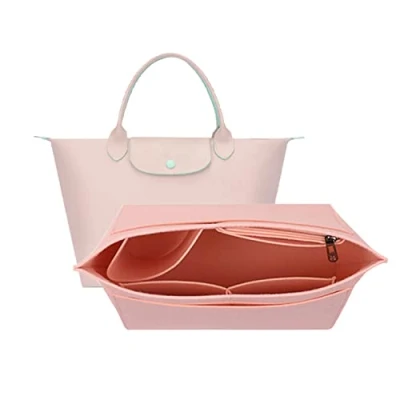 Image of D.DUO Purse Organizer, Multi Pocket Felt Handbag Folding Tote Bag Organizer Insert for Wallet Longchamp (Pink, Large)…
