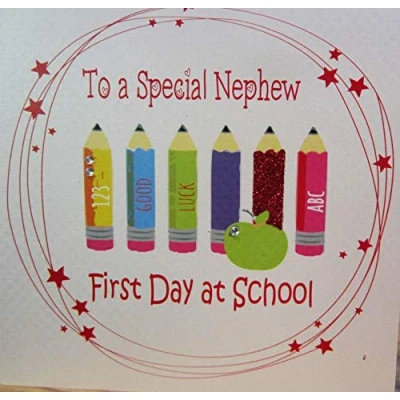 Image of White cotton cards SP110 NEP&quot;to a Special Nephew First Day at School&quot; Handmade Card