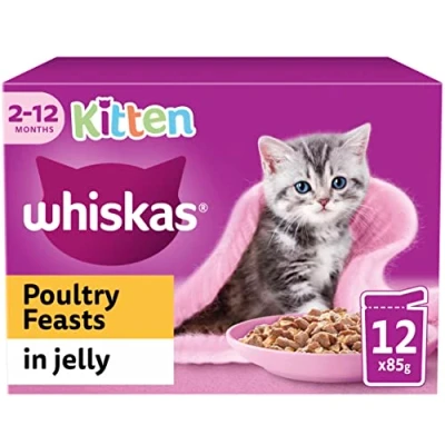 Image of Whiskas Junior Poultry Selection in Jelly 48 x 85 g Pouches, Kitten Cat Food, Pack of 4 (12 g)