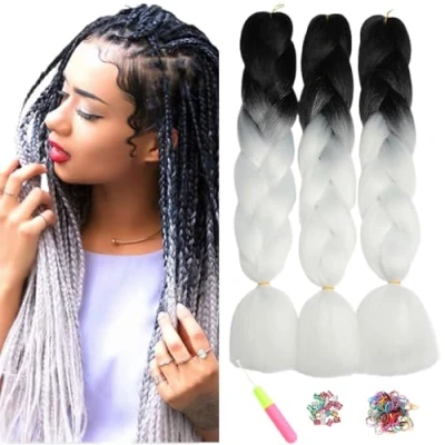 Image of ShowJarlly Box Braid Hair Extensions, 24inch Black/White ​Ombre Jumbo Hair, 3Packs Synthetic Braiding Extension Afro Extensions for Crochet Twist Braids