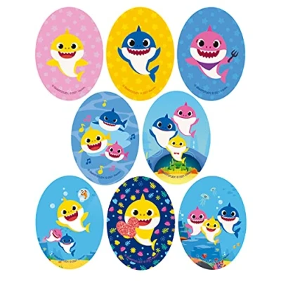 Image of 8 Screen Printed Children&#039;s Patches for Ironing onto Clothes. Heat Adhesive Applications Repairing and Decorating Trousers, Jackets, Jumpers, Backpacks, etc. (Baby Shark)