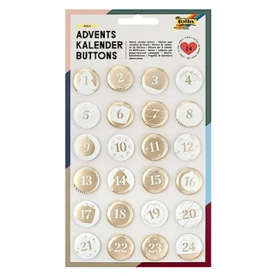 Image of folia Buttons, Mother of Pearl, Pack 24, Metal, for Customising Advent Calendar, White/Gold, One Size