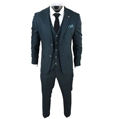 Image of Mens Olive Green 3 Piece Suit Prince of Wales Black Check Classic Tailored Fit 40