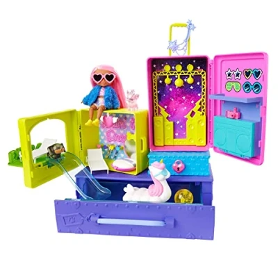 Image of Barbie HDY91 Extra Pets &amp; Minis Travel Playset with 2 Pet Puppies Exclusive Doll, Pool, Slide, Party Room Accessories, Toy Gift for Children from 3 Years