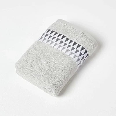 Image of HOMESCAPES Geometric Pattern Grey Hand Towel 100% Cotton Super Absorbent &amp; Soft Small Guest with Retro Design
