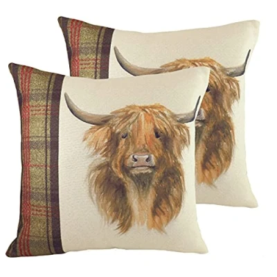 Image of Evans Lichfield Hunter Highland Cow Twin Pack Polyester Filled Cushions, Multi, 43 x 43cm