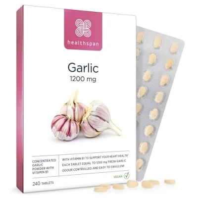 Image of Healthspan Garlic 1,200mg (240 Tablets) Supports Heart Health &amp; The Respiratory System Maintains Normal Cholesterol Levels Added Vitamin B1 Odour Controlled Easy to Swallow Vegetarian