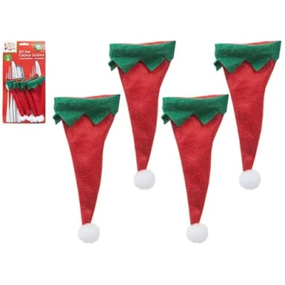Image of Adorable Green, Red &amp; White Elf Hat Cutlery Holders (Pack of 4) Festive Unique Table Décor Perfect for Holiday Celebrations