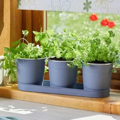 Image of Marco Paul Set of 3 Slate Herb Plant Pots with Drip Tray for Home Kitchen Planters Traditional Indoor Window Sill Planter Box Grow Your Own Herbs Cooking Gifts