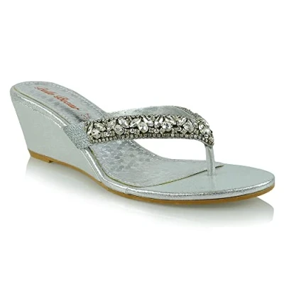 Image of ESSEX GLAM Womens Low Wedge Heel Toe Post Diamante Sandals Ladies Sparkly Flip Flops 3 8