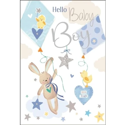 Image of New Baby Boy Birth Congratulations Card Hello Bunny Rabbit Design Special Finishes and Illustrated Insert Leaf Made in the UK
