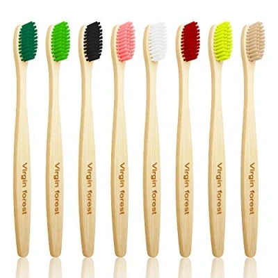 Image of Bamboo Toothbrush, Wooden Toothbrushes, Biodegradable Eco Friendly Vegan Natural Organic Charcoal Tooth Brush, Set of 8 Color Medium Firm Bristles