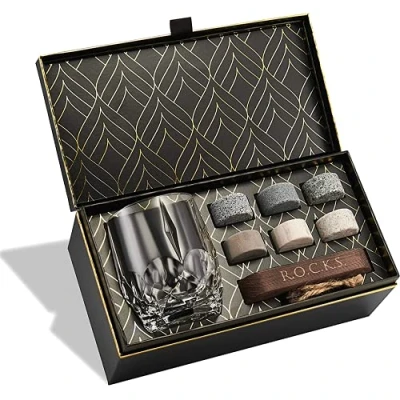 Image of Whiskey Stones &amp; World’s First Eco Crystal Glass Gift Set 6 Handcrafted Granite Round Sipping Rocks European Crafted Iconic Whisky Tumbler (346ml) Hardwood Presentation Tray Gold Foil Box