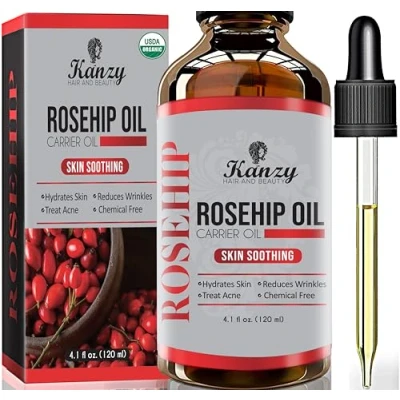 Image of Kanzy Rosehip Oil for Face 120ml Organic Cold Pressed Rose Hip 100% Pure Vegan Cruelty Free Skin, Hair, Nails, and Body Nourishment, Dryness, Fine lines Scars
