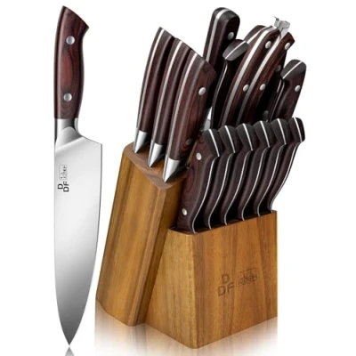Image of DDF iohEF Kitchen Knife Set, 16 Piece Sets for with Block Japanese Stainless Steel Knives Set Sharpener Ultra Sharp Professional Chef Ergonomic Handle Cutting