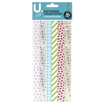 Image of U. Tissue Paper 50x72cm Sheets, Assorted Patterned Sheets/Colours Pack of 10