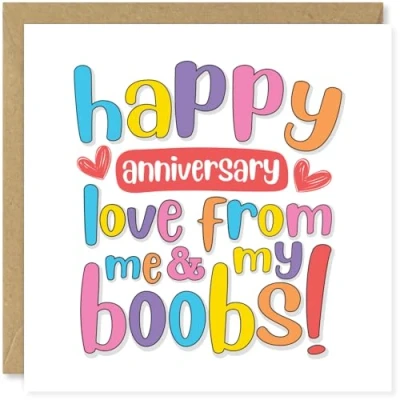 Image of Beau Willows Happy Anniversary Love From Me And My Boobs! Funny Card for Husband Wife Boyfriend Girlfriend Him Her Partner Gay LGBT Wedding