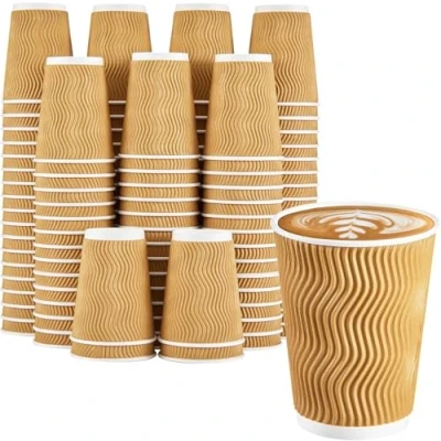Image of AMD Nexus 50 X 12oz Kraft Ripple Disposable Coffee Cups Insulated Triple Walled Takeaway for Hot and Cold Drinks Christmas &amp; Birthdays Parties