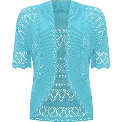Image of WearAll Womens Plus Size Crochet Knitted Short Sleeve Ladies Open Cardigan Top Turquoise 16 18