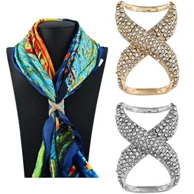 Image of 2PCS(Gold+Silver) Women Lady Girls Fashion Rhinestone Inlayed Scarf Ring Buckle Modern Simple Jewelry Silk Clasp Clips Clothing Wrap Holder Decoration Accessories for T Shirt Neckerchief Shawl