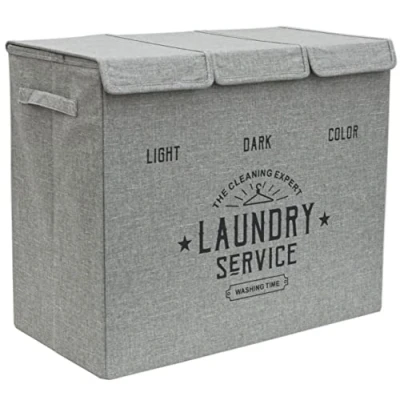 Image of DuneDesign 3 Section Laundry Basket Grey with Lid 84L Foldable Sorter Compartments for Bedroom Bathroom Baby Part Separator Wash Bin Lights and Darks