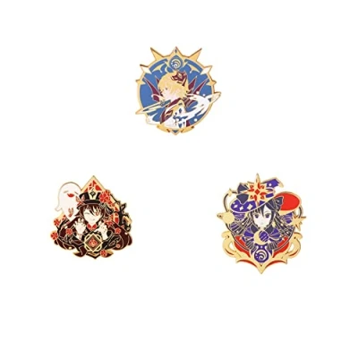 Image of ROSETOR 3pcs Genshin impact Pin Alloy Pins Anime Badge Cartoon Character Brooch Collection Bags Button Badg（HutaoTartagliaLisa）, Gold