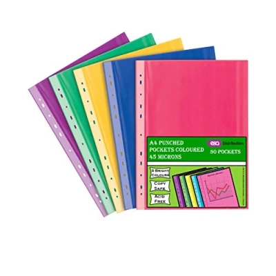 Image of A4 50 Coloured Plastic Wallets Clear Strong Punched Ring Binder File Pockets