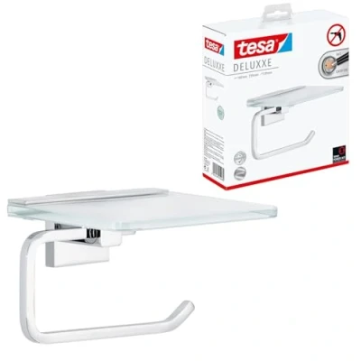 Image of tesa DELUXXE toilet roll holder with shelf, self adhesive, high gloss chromed metal, exquisite design, guaranteed stainless, 99mm x 160mm 139mm