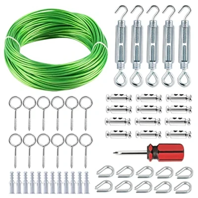 Image of hannger M5 Turnbuckle Wire Tensioner Kit, 30M X 3MM PVC Coated Steel Cable &amp; Rope Multi Use Garden for Climbing Rose Supports/Clothes Line T Post/String Light Hanging