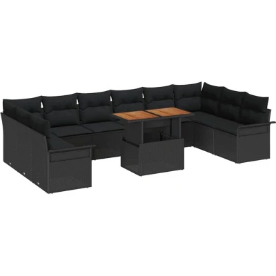 Image of vidaXL 11 Piece Garden Dining Set with Cushions Black Poly Rattan Acacia