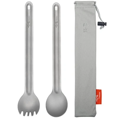 Image of TiTo Titanium Long Handle Spork and Spoon Eco Friendly Ultralight Portabale Flatware for Outdoor Camping Backpacking Hiking Travel Picnic Tableware with Bag(2pcs Sandblasting)