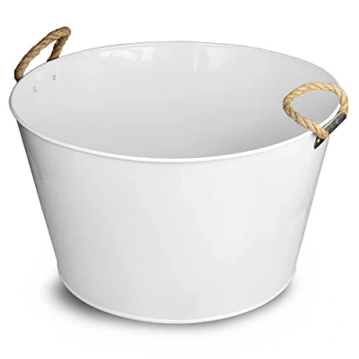 Image of Party Tub with Rope Handles White Galvanised Steel Drinks Pail Cooler for Beer and Wine Bottles