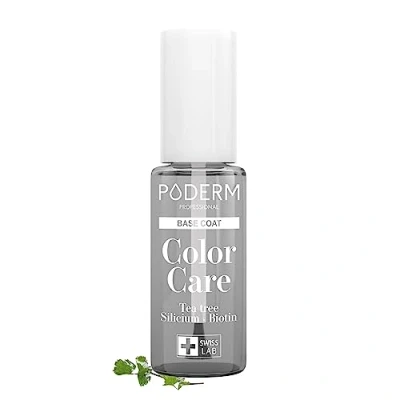 Image of PODERM Protective BASE COAT Enriched with TEA TREE Ensures long lasting colour Prevention &amp; Treatment for Yellow/Damaged Nails Natural Vegan Ingredients Swiss Lab