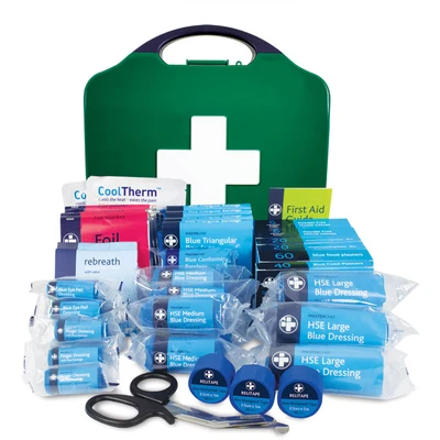 Image of Reliance Medical Catering First Aid Kit Ideal for Workplace, Travel, Home, Holiday, Includes Bandages, Dressing Pads and Emergency Tools, Green Aura 3 Case, Large