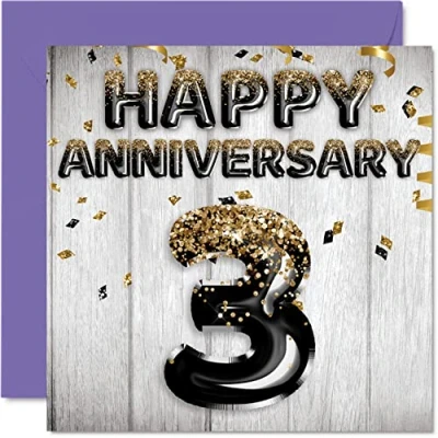 Image of Awesome Leather Anniversary Card for Husband Boyfriend Wife Girlfriend Black Gold Glitter Balloons Happy 3rd Cards from Family, 145mm x Greeting Third Anniversaries
