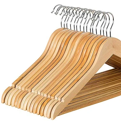Image of Rainberg 60PK Strong Natural Wood Wooden Hangers, Coat Hangers With Trouser Bar and Shoulder Notches. (60)