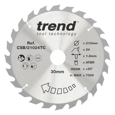 Image of Trend Wood Cordless ATBR Circular Saw Blade, 210mm Diameter, 30mm Bore, 24 Teeth, TCT, 1.8mm Kerf, +20 Hook, CSB/21024TC
