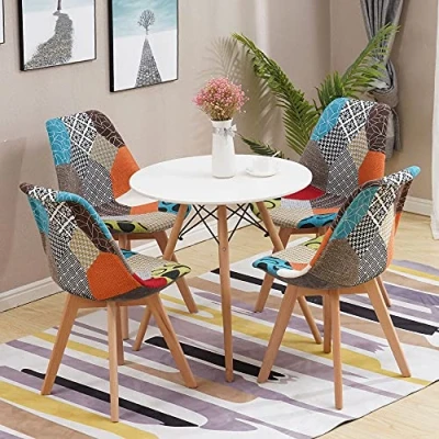 Image of HomJoy Dining Table and 4 Chairs Set, Retro Patchwork Lounge Chair 80cm Modern Round Kitchen with Solid Wood Legs (4 + Table)