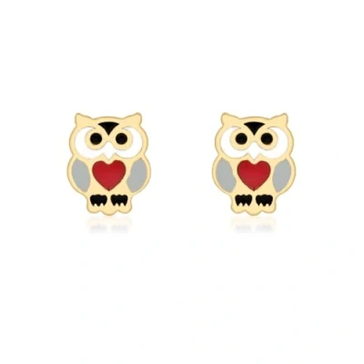 Image of Carissima Gold Women&#039;s 9ct Yellow Red Enamel Heart Owl Stud Earrings