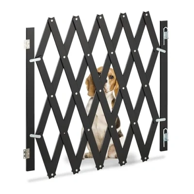 Image of Relaxdays Safety Gate, Barrier, Extendable up to 126 cm, 70 82 cm high, Bamboo, Stair &amp; Door, Dog Baby Guard, Black, 90% 10% Iron