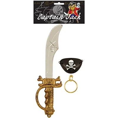 Image of Henbrandt Children’s Pirate Sword and Accessories Set with Eyepatch Gold Hoop Earring Toy Kids Cutlass Pretend Play Fancy Dress Costume Accessory for